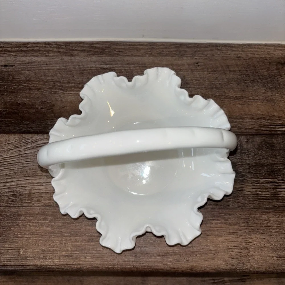 Vintage Fenton Hobnail White Milk Glass Ruffled Edges Basket with Handle